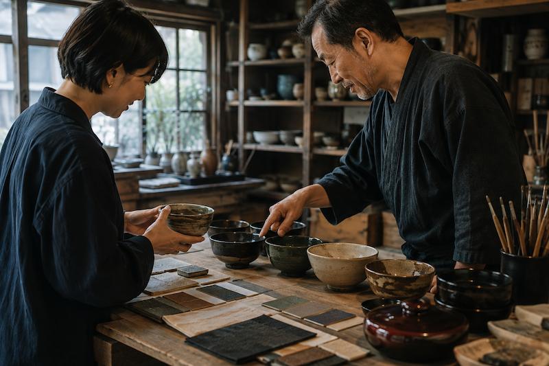 工房を訪れ職人と話す様子