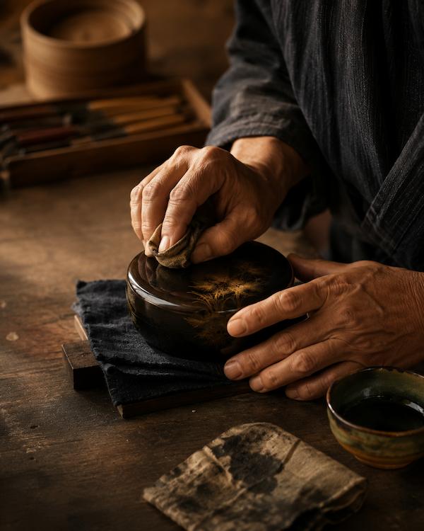 漆を塗る職人の手元